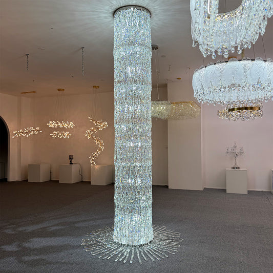 Hotel chandeliers, staircase lights, custom-made crystal chandeliers, crystal columns