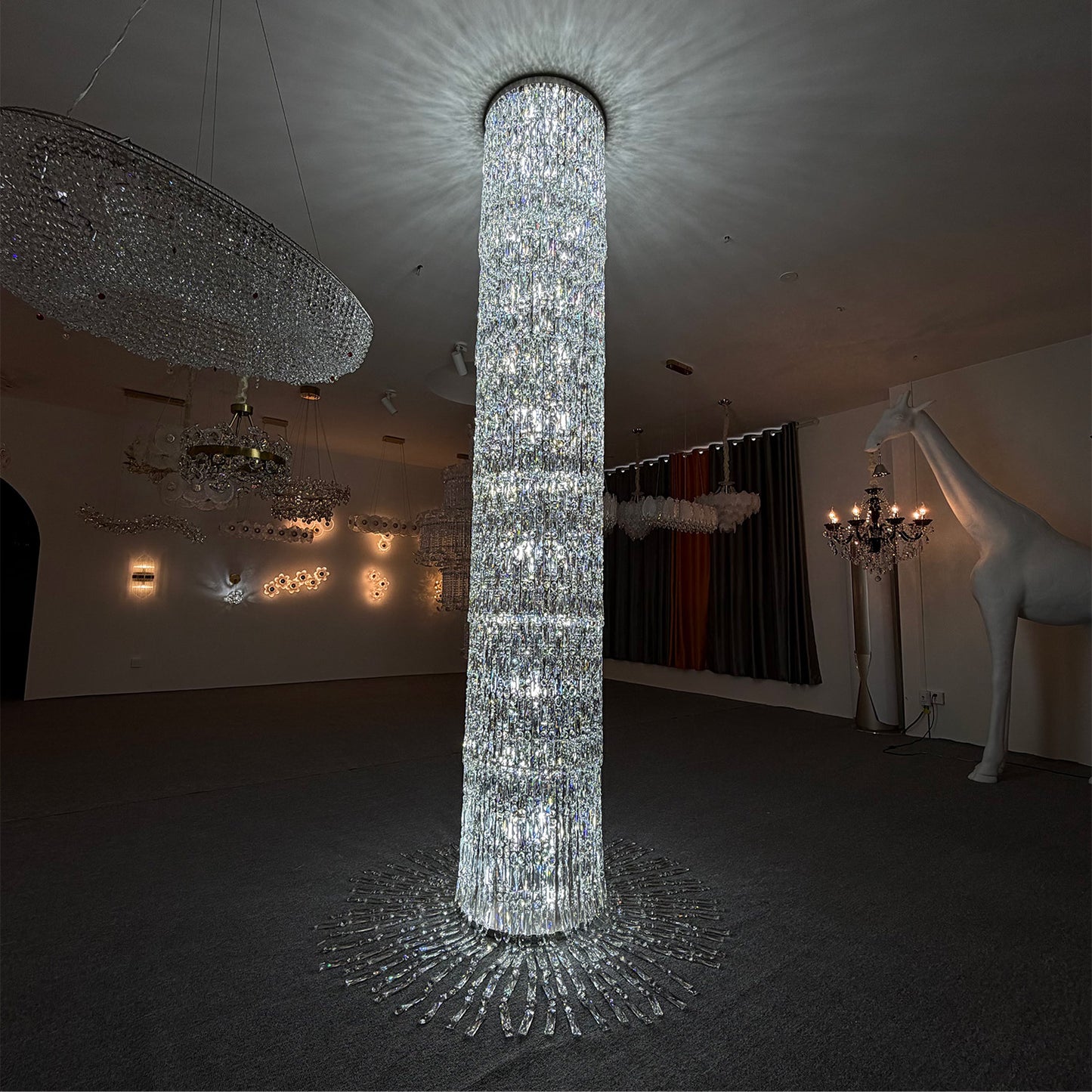 Hotel chandeliers, staircase lights, custom-made crystal chandeliers, crystal columns