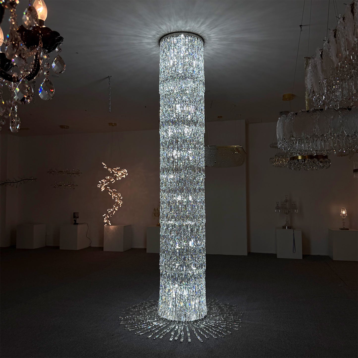 Hotel chandeliers, staircase lights, custom-made crystal chandeliers, crystal columns